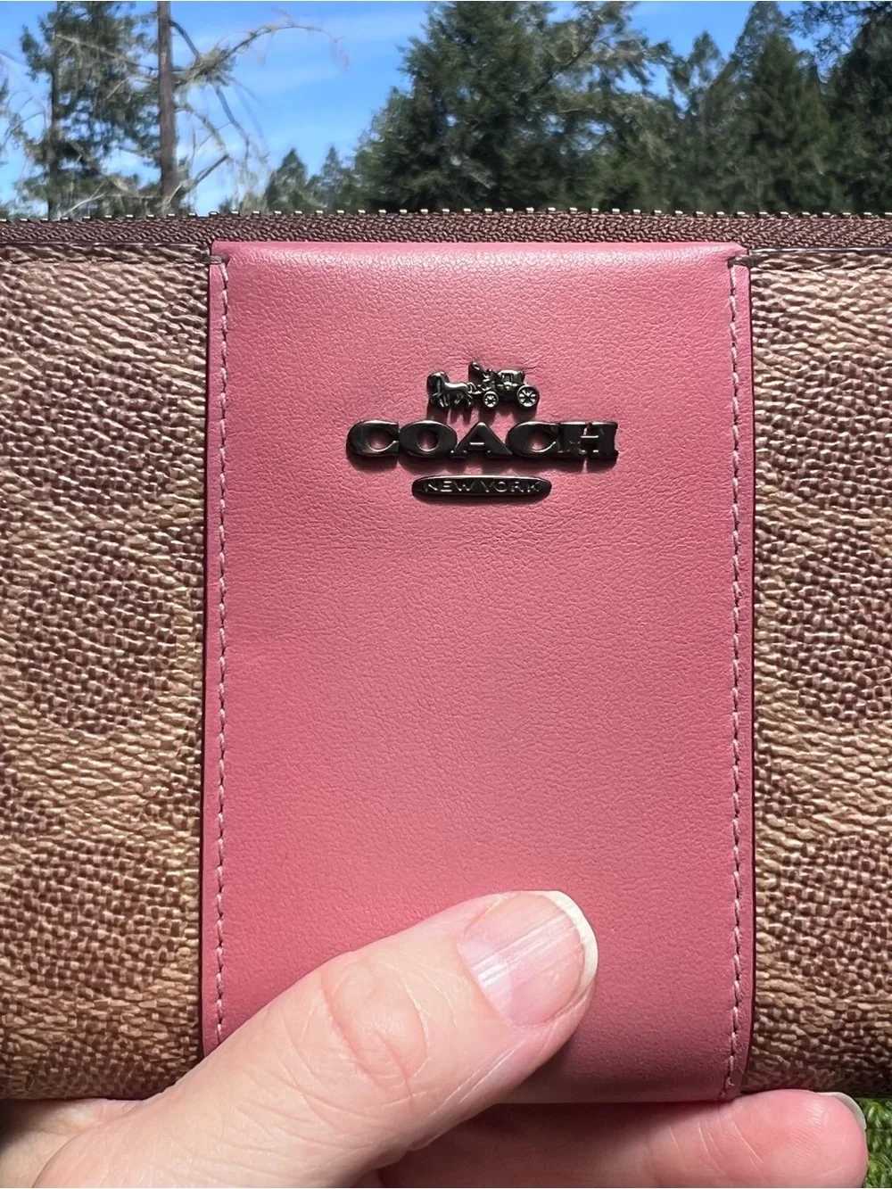 COACH Long Zip-Around Wallet Tan/Pink Signature Canvas & Leather w Gold Hardware